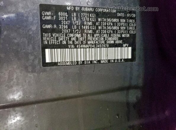 4S4WMAPD4L3452979 2020 SUBARU ASCENT Charcoal Vista de la etiqueta del VIN