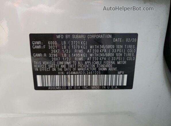 4S4WMARD2L3461225 2020 SUBARU ASCENT White Вид наклейки з VIN-кодом