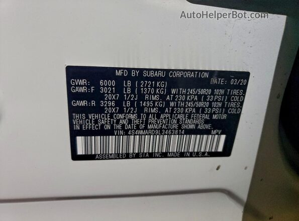 4S4WMARD9L3463814 2020 SUBARU ASCENT Белый Вид наклейки с VIN-кодом