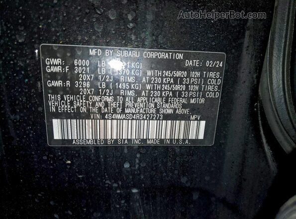 4S4WMASD4R3427273 2024 SUBARU ASCENT Черный Панорамный вид салона 360°