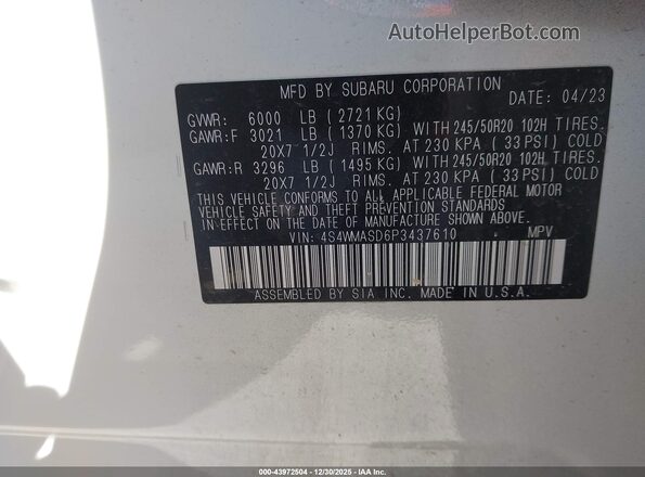 4S4WMASD6P3437610 2023 SUBARU ASCENT White Widok komory silnika