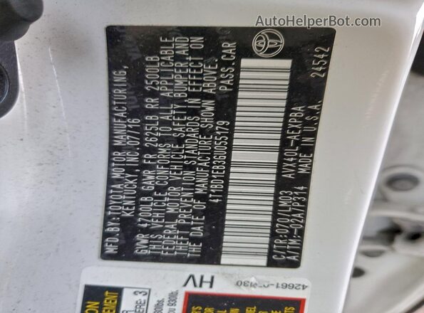 4T1BD1EB3GU055179 2016 TOYOTA AVALON Белый Вид подкапотного пространства