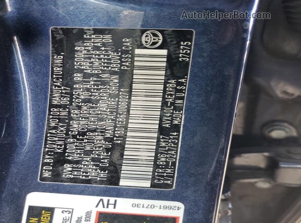 4T1BD1EB6JU060271 2018 TOYOTA AVALON Blue ძრავის განყოფილების ხედი