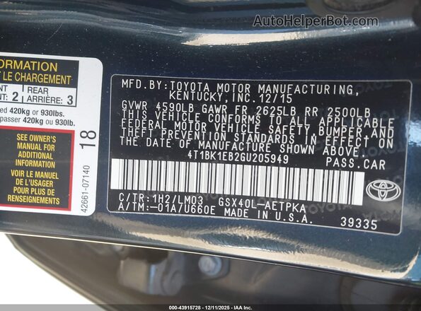 4T1BK1EB2GU205949 2016 TOYOTA LIMITED Черный Вид подкапотного пространства