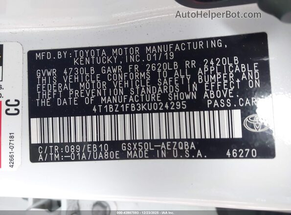 4T1BZ1FB3KU024295 2019 TOYOTA AVALON Белый Вид подкапотного пространства