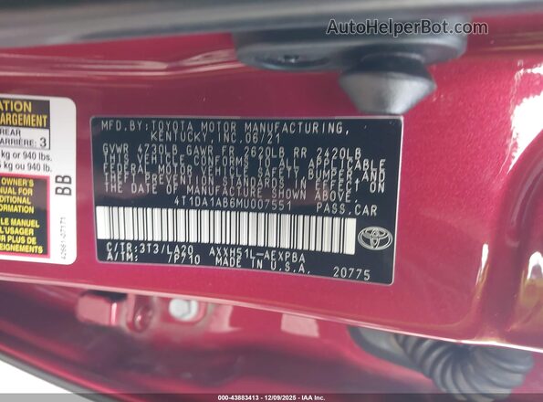 4T1DA1AB6MU007551 2021 TOYOTA LIMITED Красный Вид подкапотного пространства