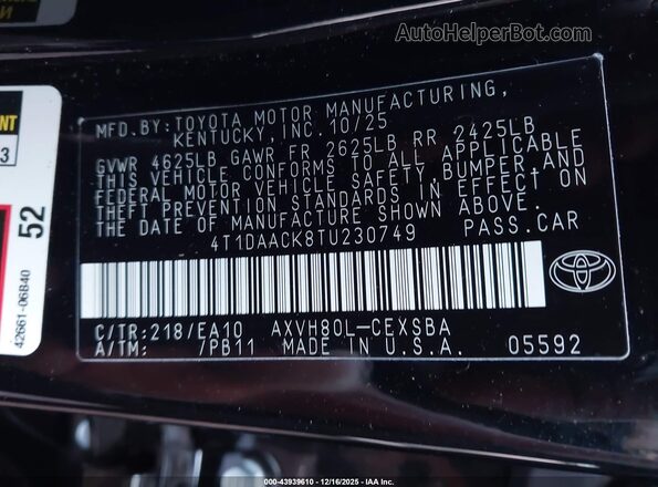 4T1DAACK8TU230749 2026 TOYOTA CAMRY Черный Вид подкапотного пространства
