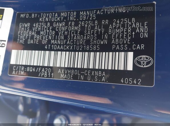4T1DAACKXTU218585 2026 TOYOTA LE Синий Вид подкапотного пространства
