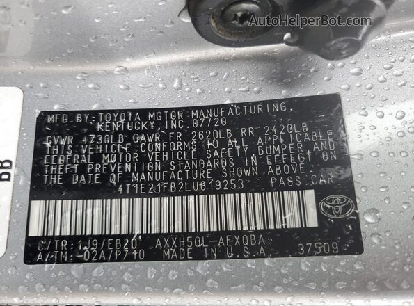 4T1E21FB2LU019253 2020 TOYOTA AVALON Серебряный Вид подкапотного пространства