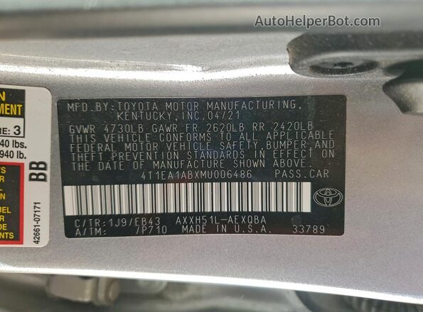 4T1EA1ABXMU006486 2021 TOYOTA AVALON Серебряный Вид подкапотного пространства