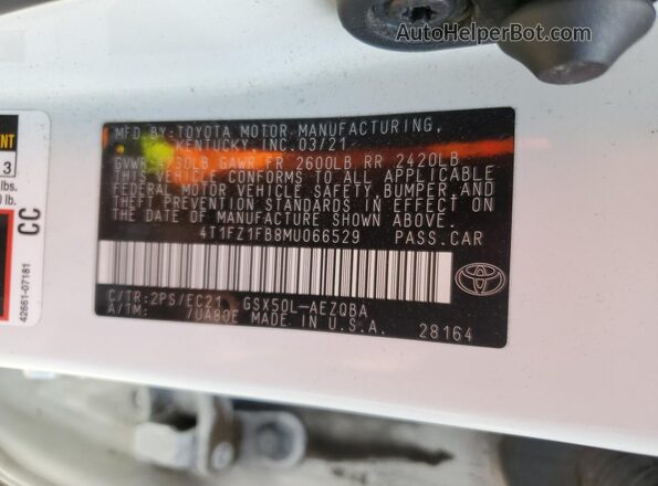 4T1FZ1FB8MU066529 2021 TOYOTA AVALON Белый Вид наклейки с VIN-кодом