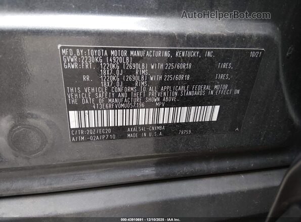 4T3E6RFV0MU057196 2021 TOYOTA RAV4 HYBRID Gray Vista del compartimento del motor