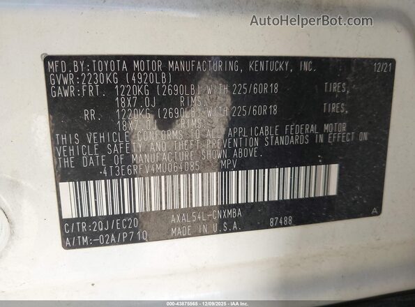4T3E6RFV4MU064085 2021 TOYOTA RAV4 HYBRID Белый Вид подкапотного пространства
