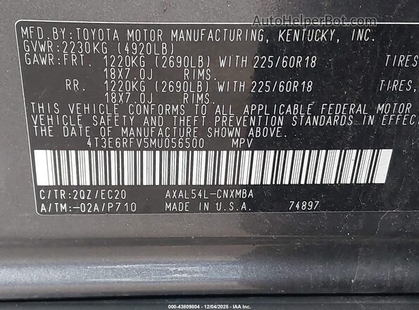 4T3E6RFV5MU056500 2021 TOYOTA RAV4 HYBRID Серый Вид подкапотного пространства