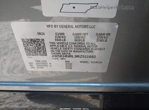 4W5KHNRL9RZ511682 2024 ACURA ZDX Серый Вид наклейки с VIN-кодом