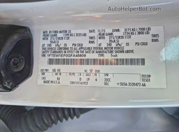 1FTEW1EF0GFA45809 2016 FORD F150 Белый Вид задней части салона