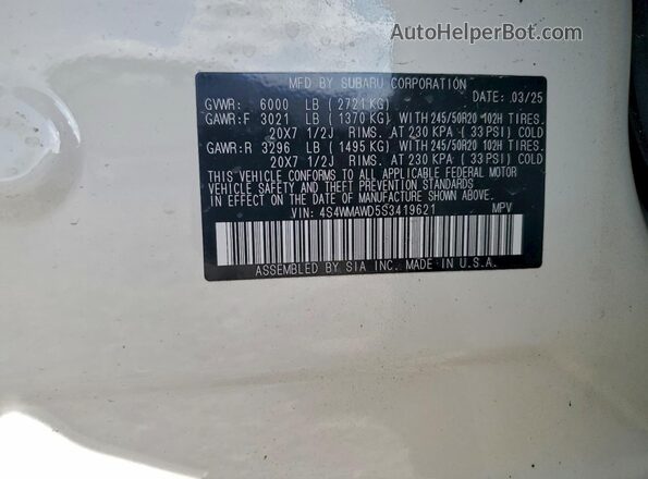 4S4WMAWD5S3419621 2025 SUBARU ASCENT Белый Панорамный вид салона 360°