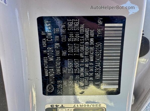 KM8J3CA41KU932150 2019 HYUNDAI TUCSON Белый Вид задней части салона