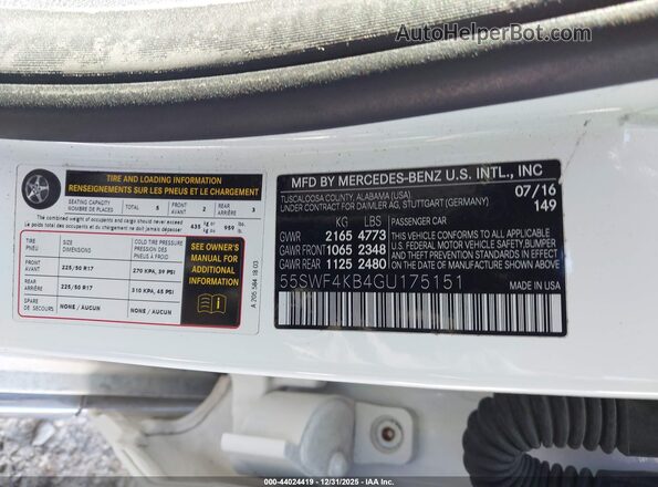 55SWF4KB4GU175151 2016 MERCEDES-BENZ C-CLASS White Շարժիչի բաժամունքի տեսք