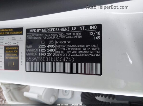 55SWF6EB1KU304740 2019 MERCEDES-BENZ AMG C 43 White ძრავის განყოფილების ხედი