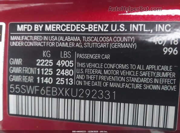 55SWF6EBXKU292331 2019 MERCEDES-BENZ AMG C 43 Burgundy ძრავის განყოფილების ხედი