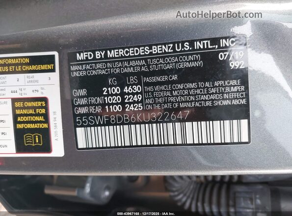 55SWF8DB6KU322647 2019 MERCEDES-BENZ C-CLASS Gray Widok komory silnika