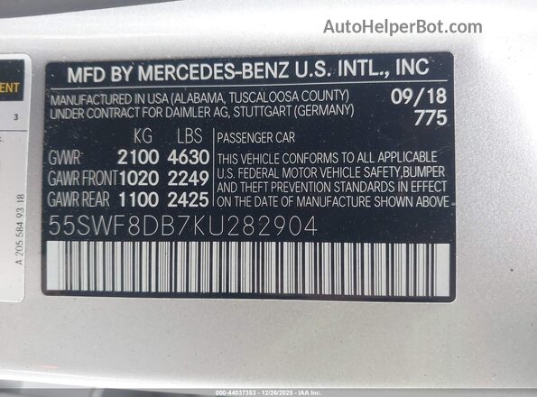55SWF8DB7KU282904 2019 MERCEDES-BENZ C-CLASS Silver Շարժիչի բաժամունքի տեսք