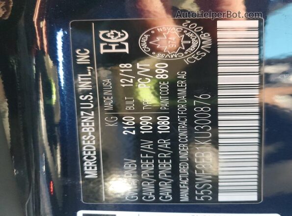 55SWF8EB1KU300876 2019 MERCEDES-BENZ C Blue Vista de la etiqueta del VIN