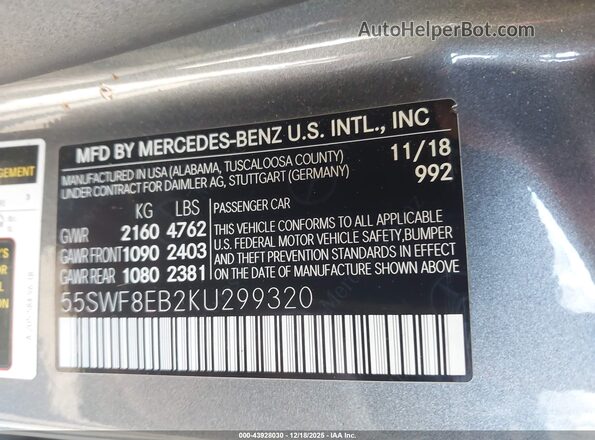 55SWF8EB2KU299320 2019 MERCEDES-BENZ C-CLASS Black Vista del compartimento del motor