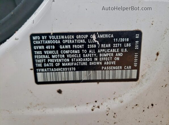1VWAT7A34HC031370 2017 VOLKSWAGEN PASSAT Белый Вид наклейки с VIN-кодом
