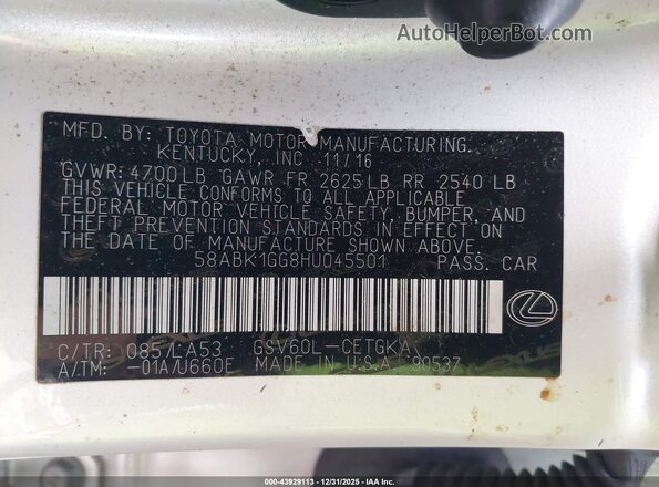 58ABK1GG8HU045501 2017 LEXUS ES 350 Белый Вид подкапотного пространства