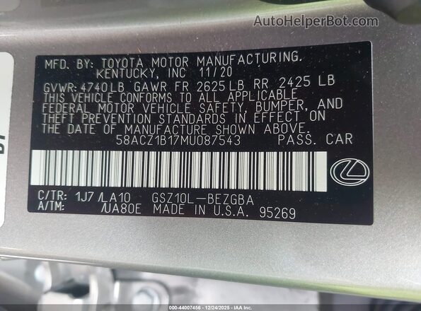 58ACZ1B17MU087543 2021 LEXUS ES 350 Серый Вид подкапотного пространства
