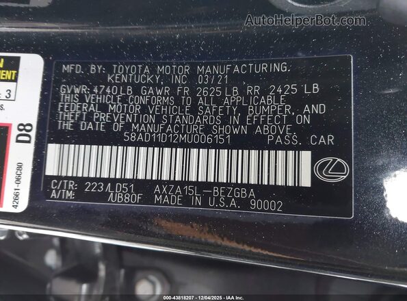 58AD11D12MU006151 2021 LEXUS ES 250 Black Вид підкапотного простору