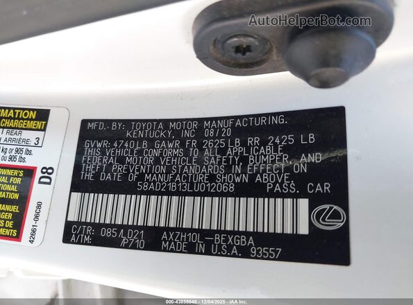 58AD21B13LU012068 2020 LEXUS ES 300H Белый Вид подкапотного пространства