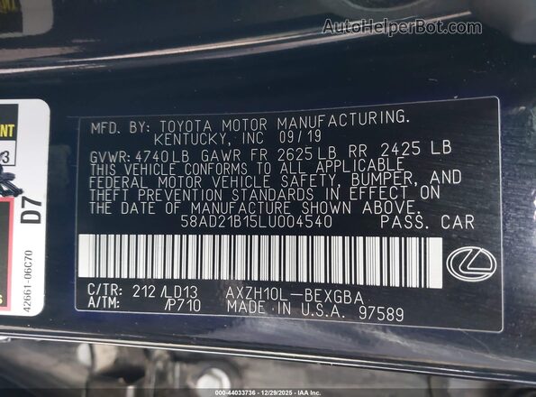 58AD21B15LU004540 2020 LEXUS ES 300H Black Widok komory silnika
