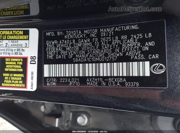 58ADA1C10MU012757 2021 LEXUS ES 300H Black Вид підкапотного простору