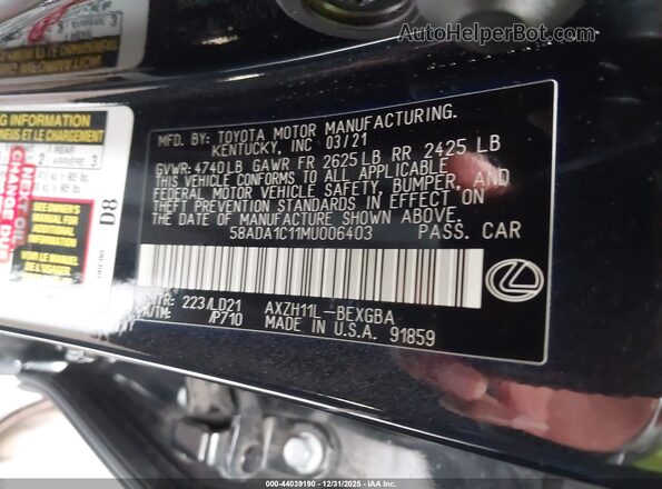 58ADA1C11MU006403 2021 LEXUS ES 300H Black Vista del compartimento del motor