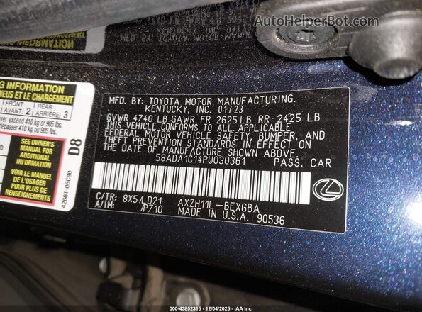 58ADA1C14PU030361 2023 LEXUS ES 300H Синий Вид подкапотного пространства
