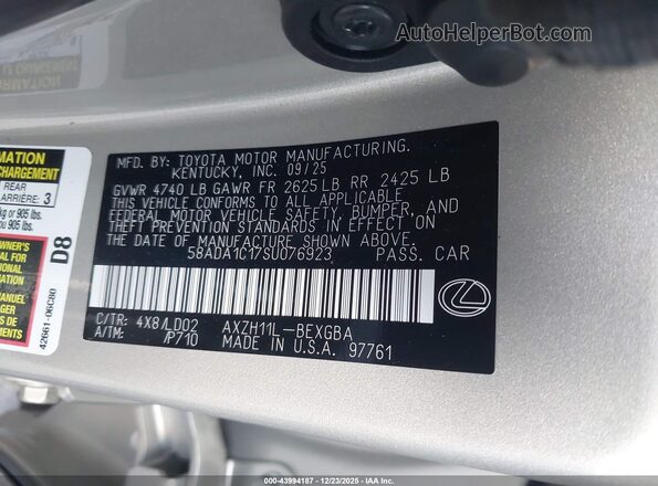 58ADA1C17SU076923 2025 LEXUS ES 300H Beige Вид підкапотного простору
