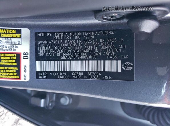 58ADZ1B13MU091030 2021 LEXUS ES Серый Вид наклейки с VIN-кодом