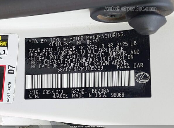 58ADZ1B17MU105799 2021 LEXUS ES 350 Белый Вид подкапотного пространства