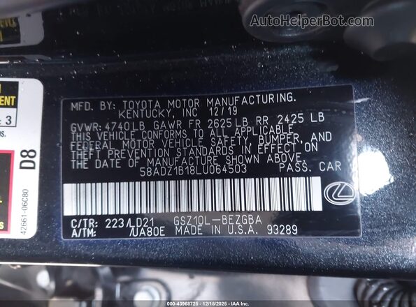 58ADZ1B18LU064503 2020 LEXUS ES 350 Black Widok komory silnika