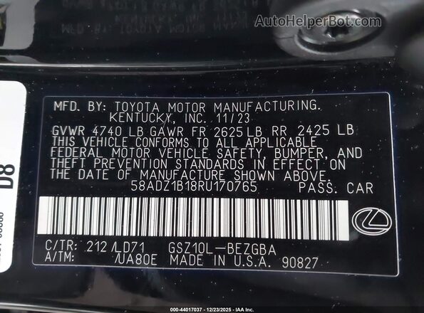 58ADZ1B18RU170765 2024 LEXUS ES 350 Черный Вид подкапотного пространства
