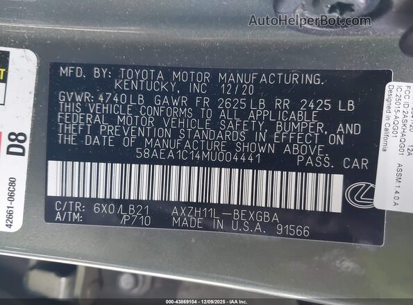 58AEA1C14MU004441 2021 LEXUS ES 300H Green Widok komory silnika