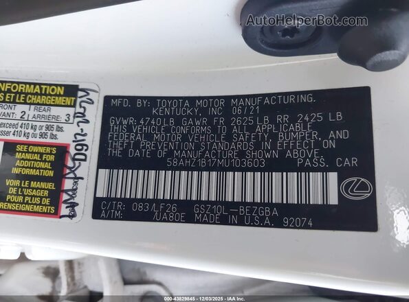 58AHZ1B17MU103603 2021 LEXUS ES 350 Белый Вид подкапотного пространства