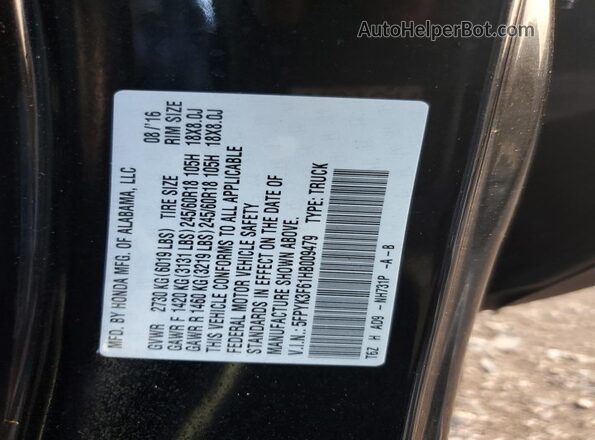 5FPYK3F61HB009479 2017 HONDA RIDGELINE Черный Вид наклейки с VIN-кодом