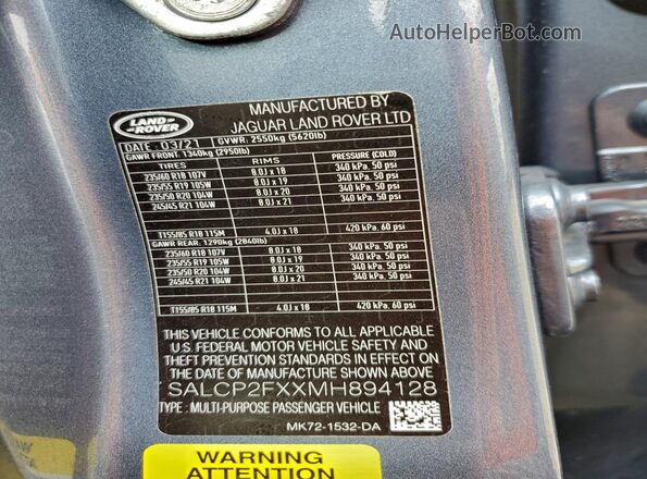 SALCP2FXXMH894128 2021 LAND ROVER DISCOVERY Silver Панорамний вид салону 360°