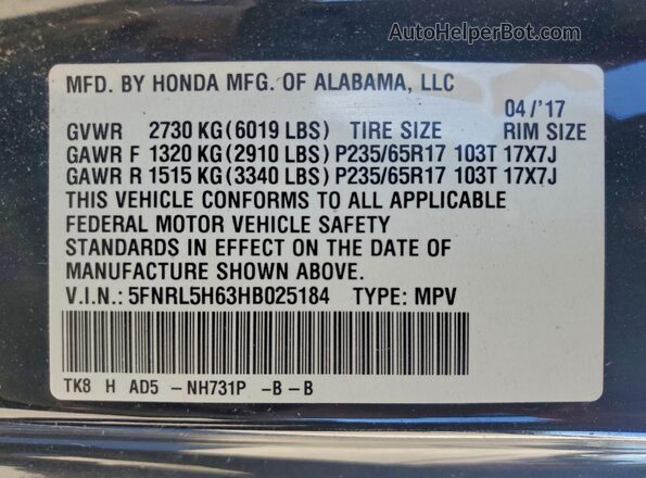 5FNRL5H63HB025184 2017 HONDA ODYSSEY Black Widok wnętrza 360 stopni