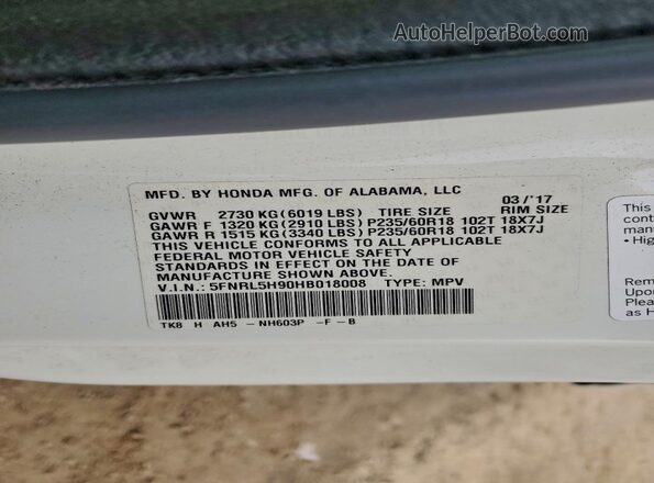 5FNRL5H90HB018008 2017 HONDA ODYSSEY White Widok wnętrza 360 stopni