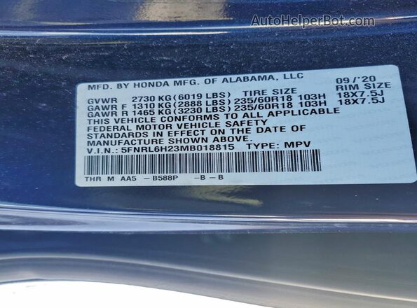 5FNRL6H23MB018815 2021 HONDA ODYSSEY Blue Панорамний вид салону 360°